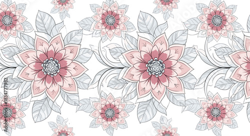 An elegant seamless horizontal floral border with beautifully stylized pink and grey flowers and leaves on a white background.jpg