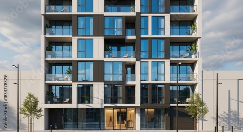 A modern apartment building with glass windows and balconies, set against a cloudy sky.