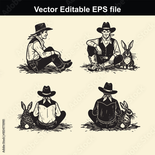 vector editable eps file featuring four black and white illustrations of a cowboy sitting next to a rabbit in various poses, perfect for western theme design