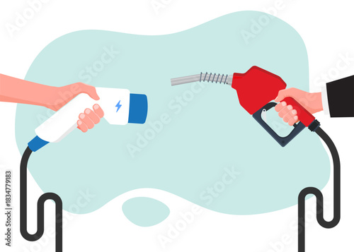 Hand holding gas pump and power connector for refuelling stock illustration