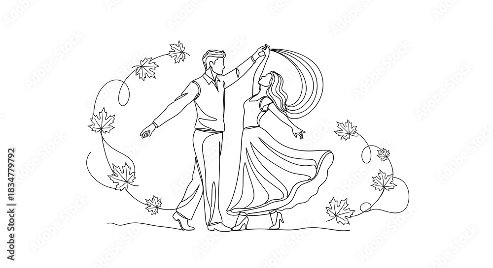 Obraz premium Elegant Dancing Couple Illustration Surrounded by Autumn Leaves in Line Art Style