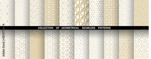 Geometric set of seamless golden and white patterns. Simple vector graphics