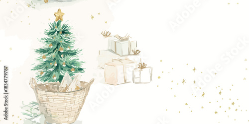 A soft and minimalist watercolor seamless pattern featuring a small Christmas tree in a basket and abstract gift boxes with delicate gold speckles on a white background, useful for refined stationery.