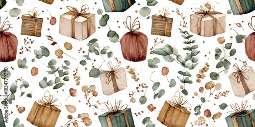 A neutral watercolor seamless pattern of beautifully wrapped gift boxes and delicate eucalyptus branches, perfect for minimalist holiday packaging, wedding favors, and fine stationery.