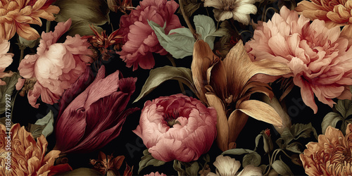 A luxurious and opulent seamless pattern featuring vintage-style, richly colored peonies and lilies on a dark background, perfect for high-end fabrics, luxury packaging, and sophisticated wallpapers.