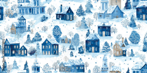 A charming watercolor seamless pattern of a snowy winter village landscape with churches and houses in a deep blue and white monochrome style, great for holiday textiles and scenic wallpapers.