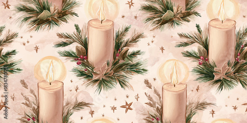 A cozy watercolor seamless pattern of glowing pillar candles surrounded by festive pine, holly berries, and stars, perfect for winter textiles, holiday cards, and warm home decor.