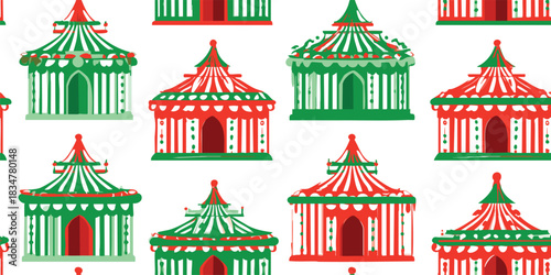 A vibrant graphic seamless pattern featuring festive Christmas-colored circus tents in red and green stripes, great for children's holiday fabrics, packaging, and energetic branding.