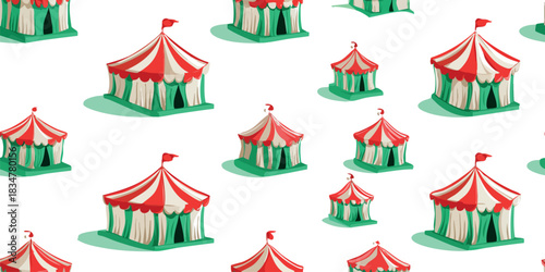 A vibrant graphic seamless pattern featuring festive Christmas-colored circus tents in red and green stripes, great for children's holiday fabrics, packaging, and energetic branding.
