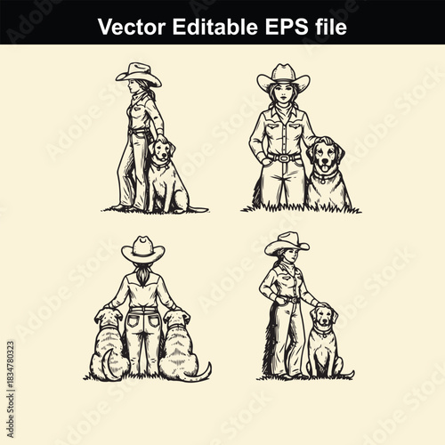 collection of four black and white vector illustrations depicting cowboys and cowgirls standing with their loyal dog companions in various poses, perfect for western themes