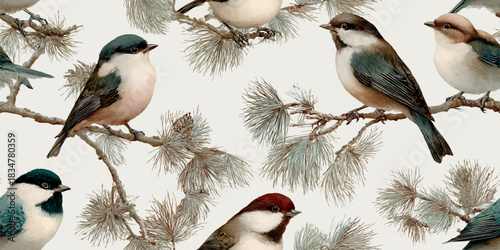An elegant seamless pattern of winter birds perched on delicate pine branches with cones on a soft, light background, ideal for sophisticated fabrics and nature-themed stationery.