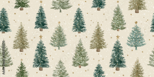 A rustic watercolor seamless pattern featuring decorated pine trees, gold stars, and snow speckles on a cozy beige background, suitable for farmhouse textiles, wrapping paper, and crafts.