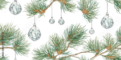 An ethereal watercolor seamless pattern of delicate dried winter botanicals, pine needles, and subtle glass-like hanging ornaments, perfect for wedding stationery and fine paper goods.