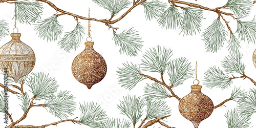 A richly detailed seamless pattern of engraved gold Christmas ornaments hanging from natural pine branches, excellent for luxury packaging, upscale fabrics, and traditional decor.