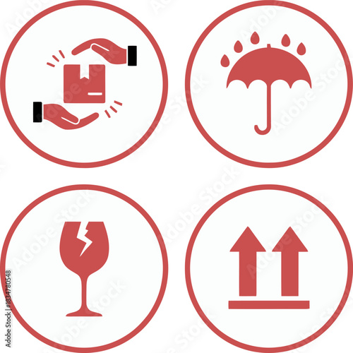 Red Outline Handling Instructions Icon Set for Fragile Cargo