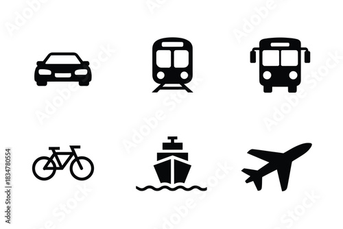 Set of transportation mode icons for travel and logistics apps, minimalist vector silhouette