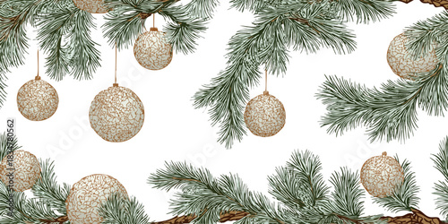 A richly detailed seamless pattern of engraved gold Christmas ornaments hanging from natural pine branches, excellent for luxury packaging, upscale fabrics, and traditional decor.