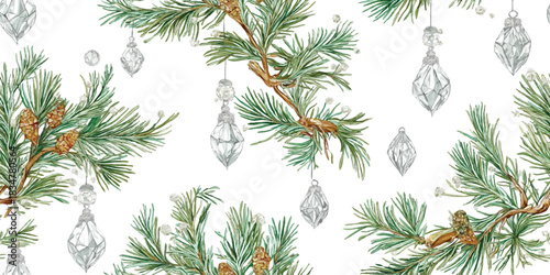 An ethereal watercolor seamless pattern of delicate dried winter botanicals, pine needles, and subtle glass-like hanging ornaments, perfect for wedding stationery and fine paper goods.