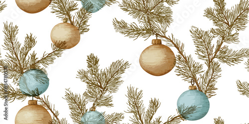 An elegant seamless pattern of intricately engraved gold and blue-toned ornaments hanging from hand-drawn pine branches, perfect for luxury holiday stationery, fabrics, and refined packaging.