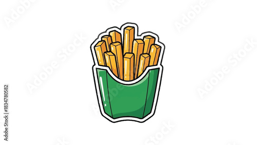 Delicious golden french fries in a green carton illustration.