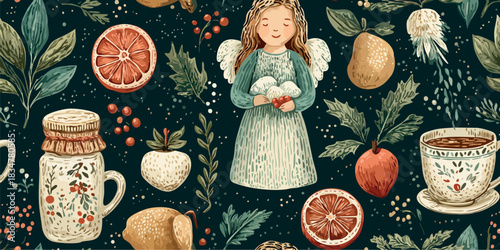 A whimsical folk art seamless pattern featuring angels, winter botanicals, sliced citrus fruits, and tea mugs in a dark, rich color palette, great for cozy apparel and unique packaging.