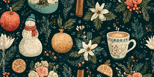 A whimsical folk art seamless pattern featuring angels, winter botanicals, sliced citrus fruits, and tea mugs in a dark, rich color palette, great for cozy apparel and unique packaging.