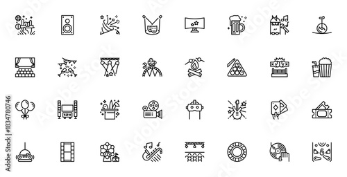 Entertainment icon set. Vector illustration pack. Feturing karaoke, cinema, cocert, party, DJ, guitar, pker, roller coaster and moe. Editable stroke.
