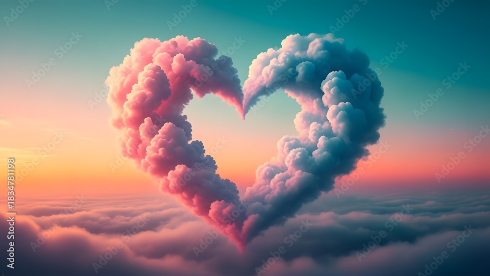 Fototapeta premium Dreamy heart shaped cloud formation above a sea of clouds at sunset for valentine s day