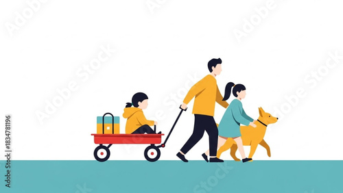Family fun day out with dad, daughters, and pet dog enjoying a walk together, creating cherished moments and lasting memories with the red wagon