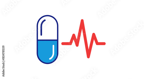 Medical capsule and red heartbeat line icon for health and treatment.