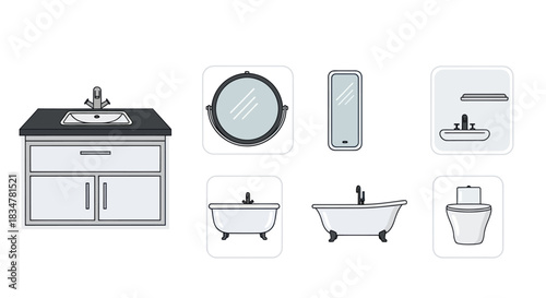 Illustrated bathroom interior elements set with a vanity sink mirror clawfoot bathtub and toilet icons.