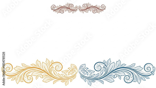 Elegant ornamental swirls and flourishes for invitations or stationery with gold and blue accents, evoking classic beauty and timeless design appeal