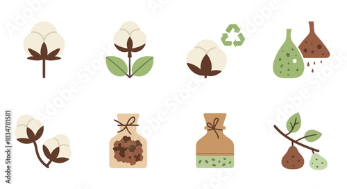 Collection of Natural and Sustainable Elements: Cotton Seeds and Fruits.