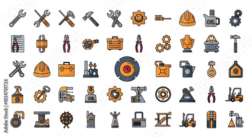 Collection of Industrial and Mechanical Tools and Equipment Icons.