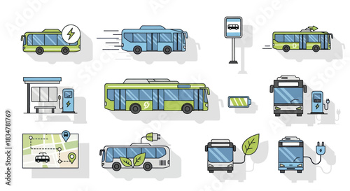 Collection of Electric Bus and Charging Station Illustrations for Sustainable Public Transport.
