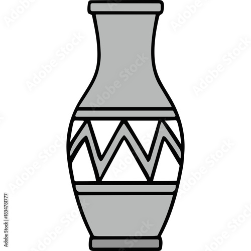 Gray Ceramic Vase With Black Zigzag Pattern On A Black Background Simple Vector Graphic