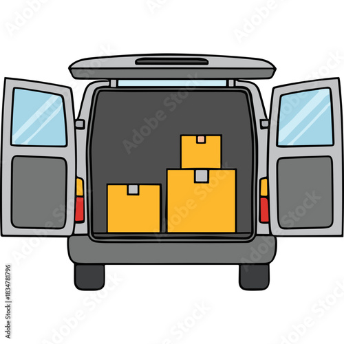 Gray Delivery Van Rear View With Open Doors and Yellow Cardboard Boxes Inside Ready For Transport and Logistics
