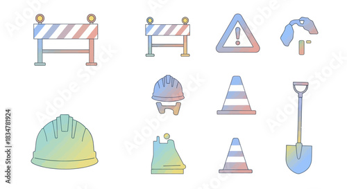 Collection of construction safety and warning icons with a gradient effect.