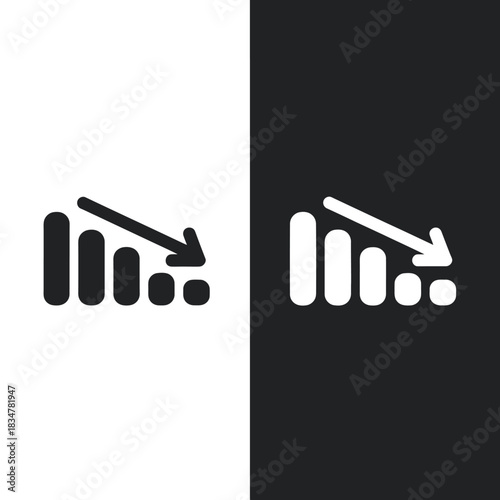 Decline bar chart with down arrow for data analysis and network signal, flat vector icon