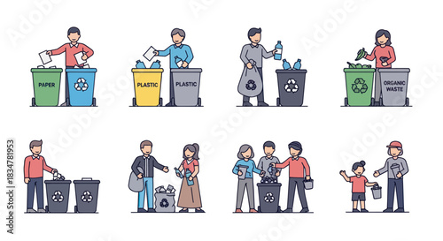 People Sorting Waste into Recycling Bins Environmental Conservation Concept.