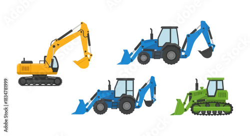 Colorful heavy construction vehicles: excavator backhoe loaders and bulldozer set.