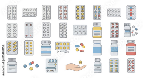A large collection of illustrated medical pills capsules and tablets in various blister packs and bottles shown in a colorful doodle style.