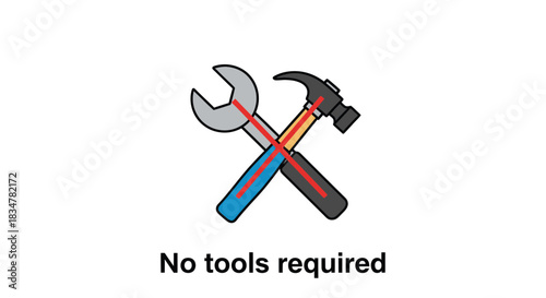 Crossed hammer and wrench with colorful handles symbolizing no tools needed.