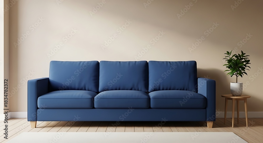 Fototapeta premium Contemporary blue sofa with plant creates a calming interior design