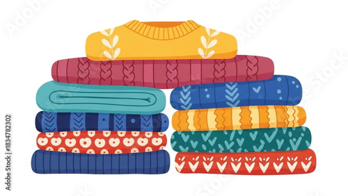 Stay cozy with this cute stack of colorful knit sweaters, perfect for adding warmth and style to any project this fall and winter season