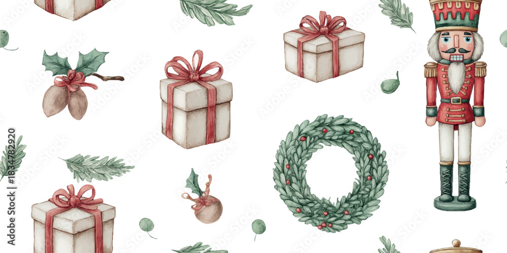 Naklejka premium A festive watercolor seamless pattern with a traditional Nutcracker soldier, classic wreaths, and elegantly wrapped gifts, suitable for holiday textiles, stationery, and luxurious packaging.