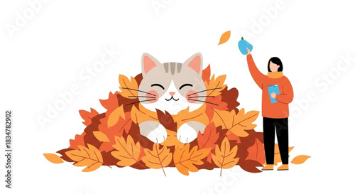 Adorable kitten playing happily in autumn leaves with a person nearby, embracing the cozy fall season and celebrating the simple joys of life