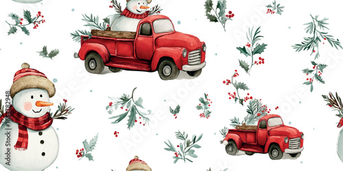 A charming watercolor seamless pattern featuring snowmen in red hats and scarves alongside vintage red pickup trucks carrying logs, ideal for rustic fabrics, holiday cards, and packaging.