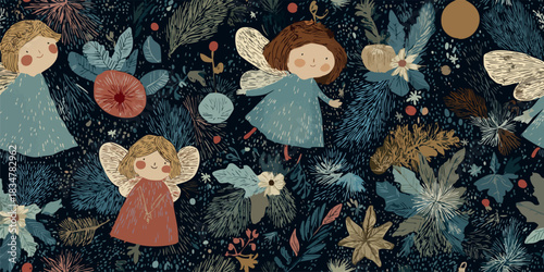 A charming folk art seamless pattern featuring whimsical angels and various stylized winter botanicals and leaves in muted blue, red, and gold tones on a dark background, excellent for textiles.
