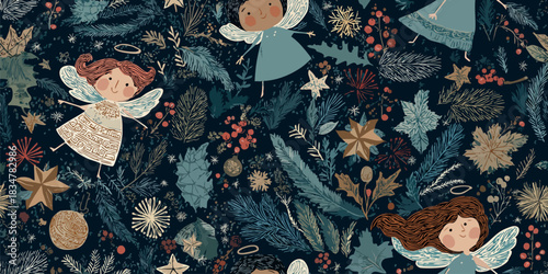 A charming folk art seamless pattern featuring whimsical angels and various stylized winter botanicals and leaves in muted blue, red, and gold tones on a dark background, excellent for textiles.